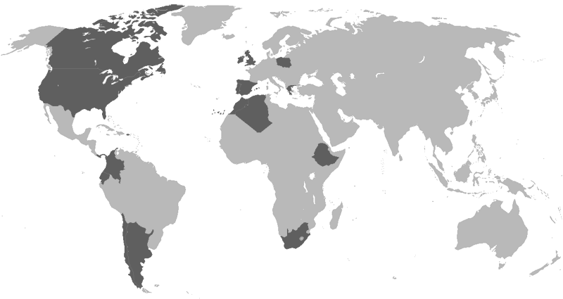 Mapa mundial en donde se muestran los paises en donde se han realizado proyectos de alta velocidad(América del Norte, Chile, Argentina, Colombia, Gran Bretaña, Sudafrica, Marruecos, Portugal y España entre otros)