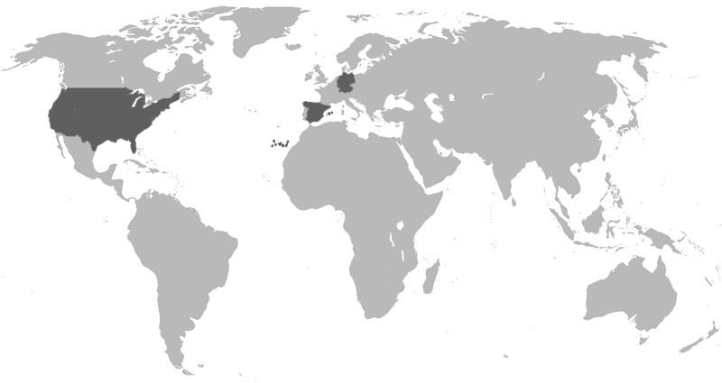 Mapa mundial en donde se muestran los paises en donde se han realizado proyectos de edificación (USA, Alemania, Islas Canarias y España)