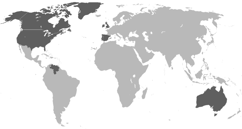 Mapa mundial en donde se muestran los paises en donde se han realizado proyectos de edificación (América del Norte, Alaska, Gran Bretaña, Australia, Portugal y España entre otros)
