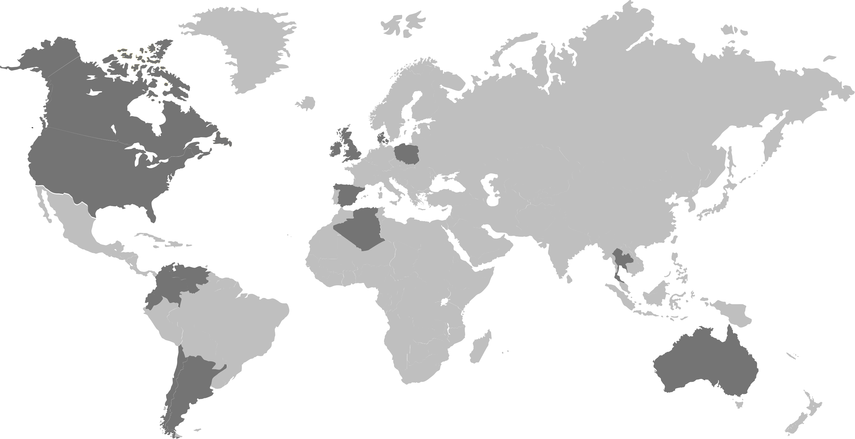 Mapa mundial en donde se muestran los paises en donde se han realizado proyectos de edificación (América del Norte, Chile, Argentina, Brasil, Colombia, Gran Bretaña, Portugal y España entre otros)