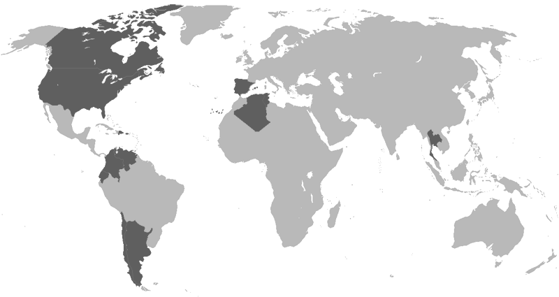 Mapa mundial en donde se muestran los paises en donde se han realizado proyectos de edificación (América del Norte, Chile, Argentina, Colombia, Portugal y España entre otros)